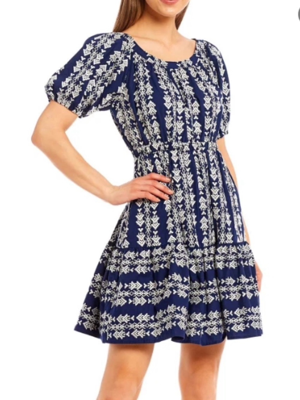 Navy and White Embroidered Puff-Sleeve Dress